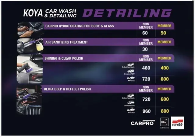 Official KOYA price card: Detailing: Polish, Hydro Coating & Sanitizing