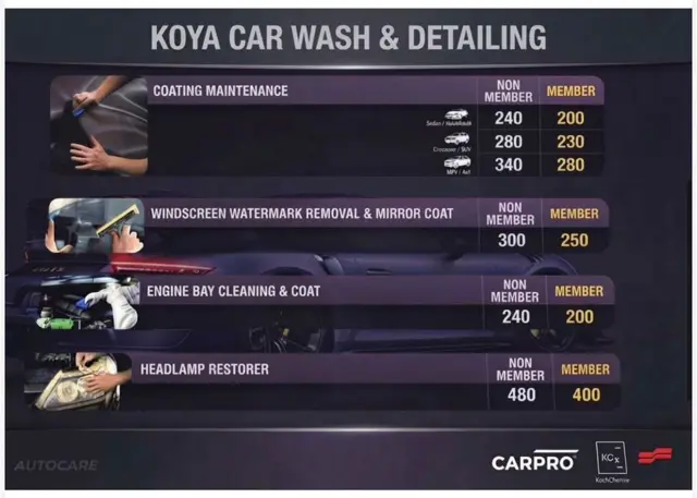 Official KOYA price card: Coating Maintenance & Restoration