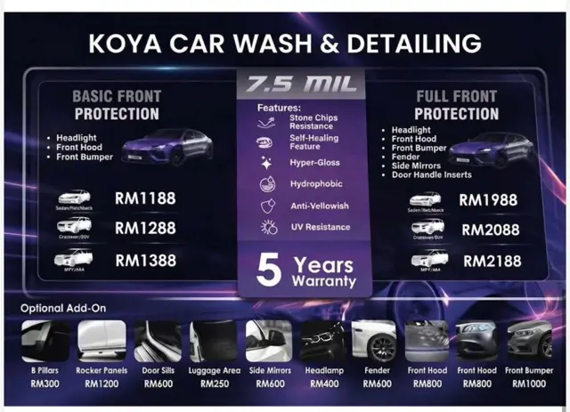Official KOYA price card: PPF 7.5 mil Front Protection