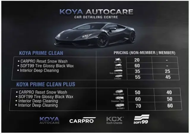 Official KOYA price card: KOYA Prime Clean & Prime Clean Plus
